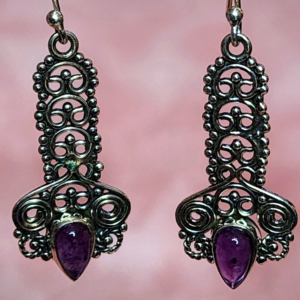 Amethyst And Sterling Silver Filigree Dangle Earrings